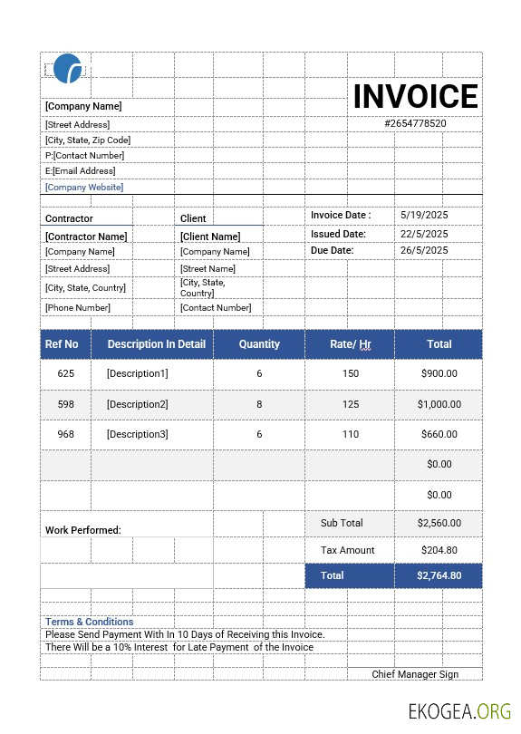 Modèle de facture d'entrepreneur indépendant